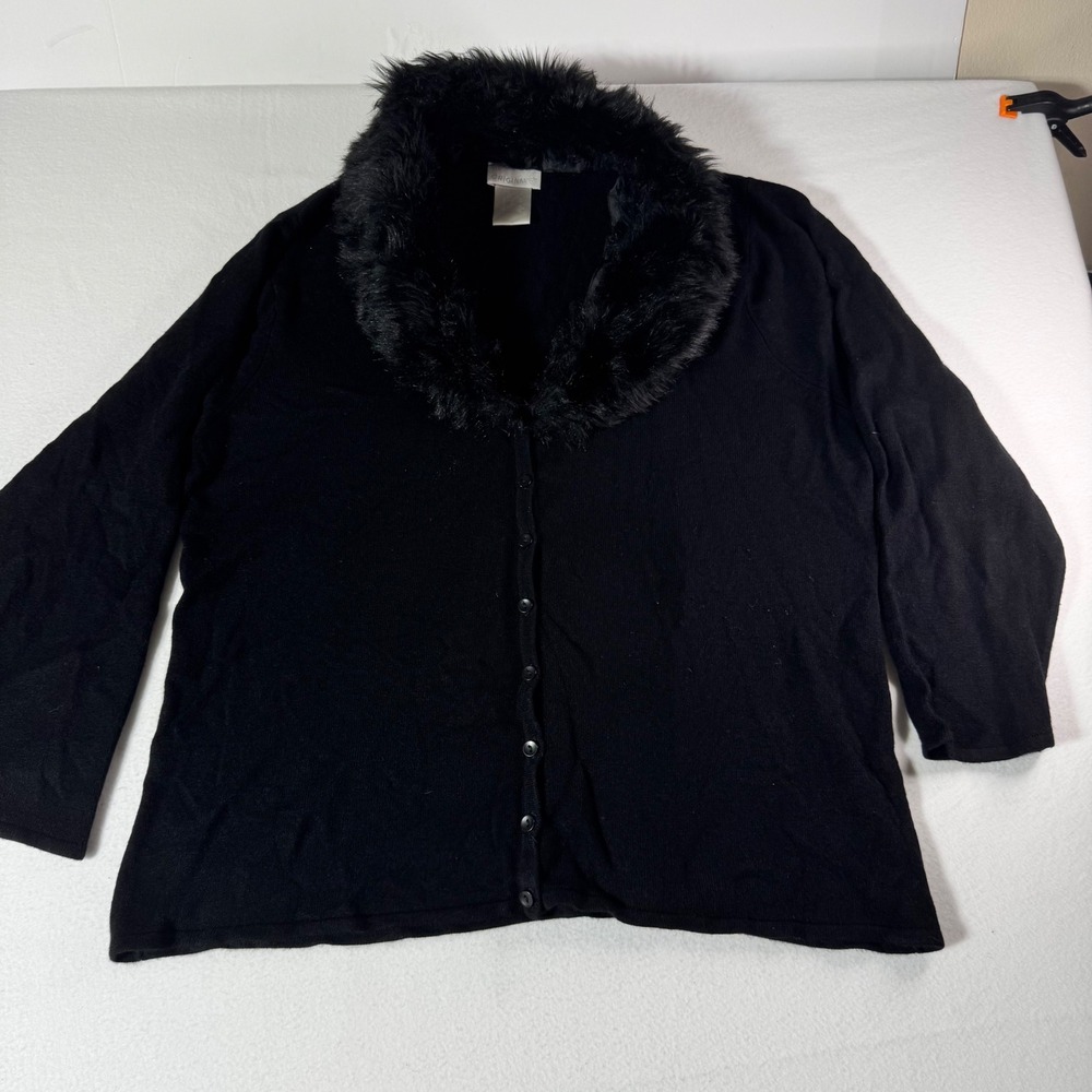 Designers Originals‎ Cardigan Sweater 1X Black Faux Fur Collar Luxe-Link Acrylic